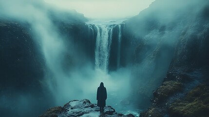 Silhouette of a person contemplating majestic waterfall in mist photo