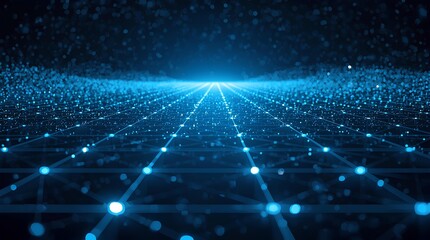 Fototapeta premium Abstract Blue Grid with Glowing Dots Futuristic Network
