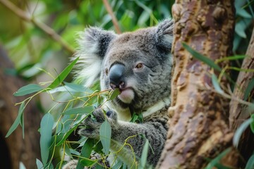 Fototapeta premium Koala sitting on a tree and eating eucalyptus leaves in its natural habitat, close-up wildlife shot.