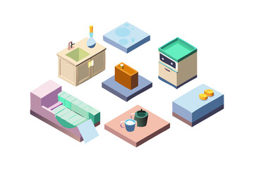 Obraz premium Isometric 3d rendering of colorful modern furniture and objects arranged in a circular pattern on a black background