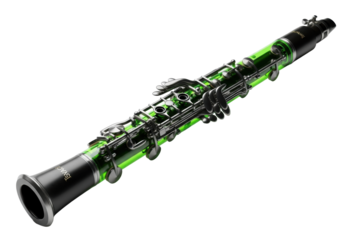 Futuristic clarinet, translucent neon green acrylic body, matte black keys, diagonal on transparent background with copy space, dramatic lighting. Concept of avant-garde sound engineering