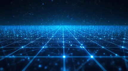 Perspective view of a glowing blue digital grid, an abstract concept of network, data, and future technology
