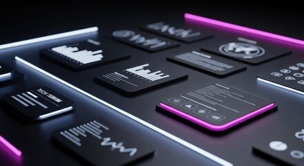 Futuristic UI panels with glowing neon lines and abstract data visualization on a dark background.