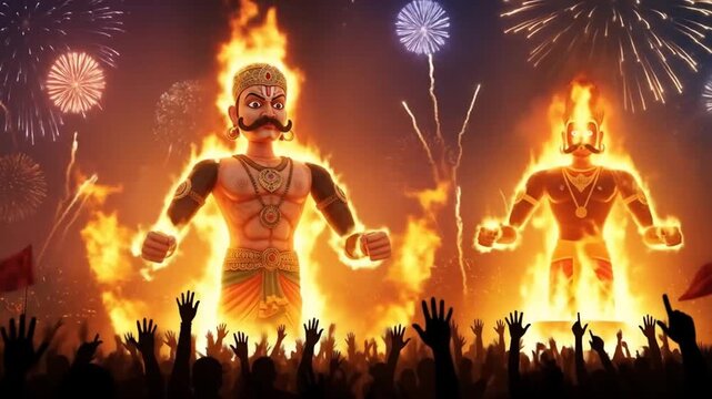 vibrant Dussehra celebration with large effigy of Ravana being burned in public space filled with festive crowds, colorful fireworks, traditional decorations, energy and excitement of the event. 