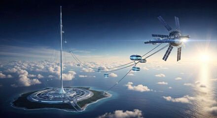 Naklejka premium Futuristic space elevator connecting island base to satellite over cloudy atmosphere view