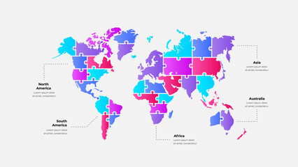 Colorful Puzzle Style World Map Highlighting Continents With Labels