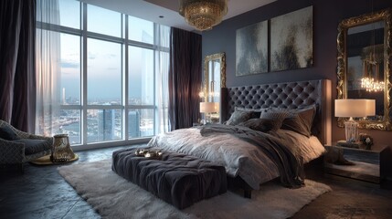 Lavish bedroom with skyline view, featuring tufted headboard, neutral tones, and soft light