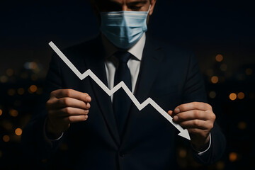 Man in mask holding downward trending graph businessman