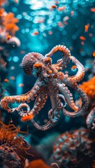 Fototapeta premium An octopus skillfully changes colors and patterns for camouflage while swimming underwater.