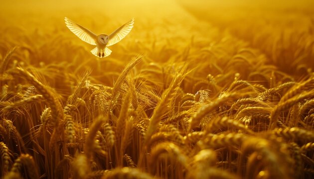 A majestic barn owl gracefully soaring above vibrant golden wheat fields under a clear blue sky