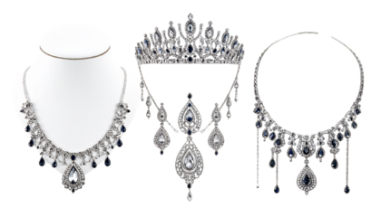 Silver tiara, necklaces with sapphire gems on transparent background