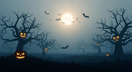 A spooky halloween night scene with glowing jackolanterns in a foggy forest under a full moon with bats flying around, creating a scary and mysterious atmosphere
