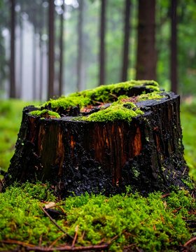 Moss-covered tree stump in a misty forest