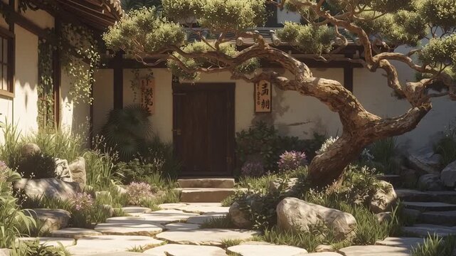  Japanese-inspired courtyard with nasella tenuissima as focal plant, clean stone paths, soft sunlight