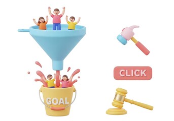 Funnel to goal with happy people isolated on white background