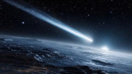 Fototapeta premium Bright comet streaks across night sky above Earth, illuminating atmosphere with glowing tail and distant stars