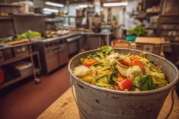 Collection of food waste in a restauran's kitchen highlights efforts to manage waste and promote sustainability