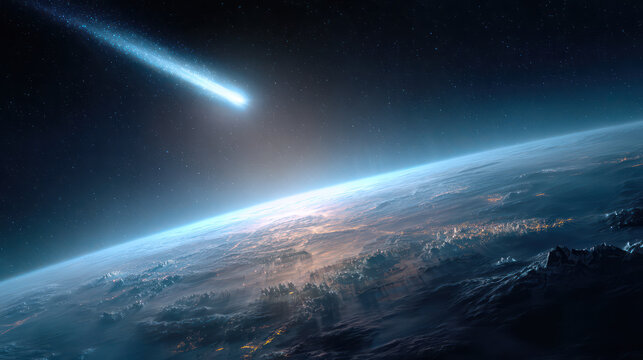 Glowing comet streaking past distant planet ice t afc ceb ddf hq scale x, with Earth surface visible from space and stars