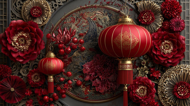 Happy Chinese New Year banner. Happy New Year in Chinese word. Festive card with red lanterns, golden flowers and red clouds in paper art style on traditional pattern. - Powered by Adobe