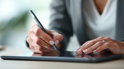 Person using digital tablet with stylus close up of hands and device modern technology professional workspace creative work