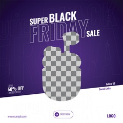 Square purple banner design with bold Black Friday sale advertising text. Creative social media post template for wireless earbuds or TWS promotions Perfect for discount offers hot deals flash sales