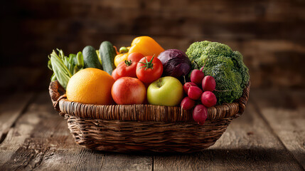Fresh assortment of colorful fruits and vegetables woven basket rustic wooden surface vibrant produce with natural lighting