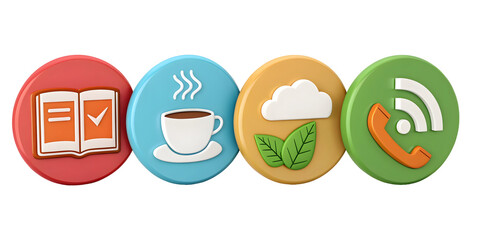 Six Unique 3 D Cartoon Icons Depicting Book Checkmark Coffee Cup Cloud Leaves and Phone R S Signal Arranged in Two Rows of Three Against a Black Background Red Blue Orange and
