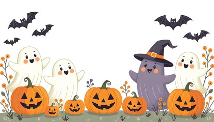 Cute Halloween Ghosts with Jack-o'-Lanterns and Flying Bats – Kawaii Style, Festive Border Design, Cartoon Illustration, Holiday Background, Kids-Themed Decor