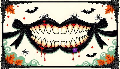 Spooky Vampire Mouth with Fangs, Blood Droplets, and Black Ribbons &ndash; Halloween Horror Design, Decorative Frame, Gothic Art, Cartoon Style, Festival Background