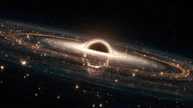 Glowing black hole with accretion disk surrounded by stars and cosmic dust deep space, creating mesmerizing and mysterious