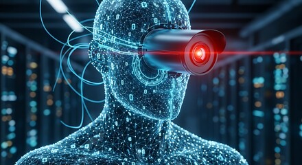 Futuristic security concept featuring AI-powered surveillance in a modern data center environment for innovative tech solutions