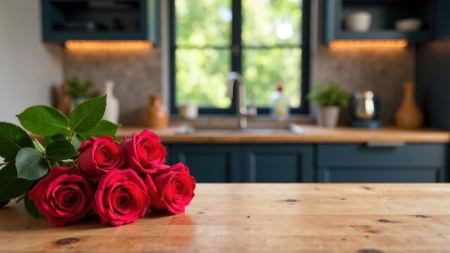 Beautiful natural wooden Empty table with bouqet red roses on modern dark kitchen interior blurred background behind withgolden sunshine from window. valentine day cocept