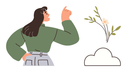 A confident woman gesturing upward, flourishing branch with flowers, and a minimalistic cloud. Ideal for creativity, innovation, positivity, motivation, growth nature inspiration. Simple flat