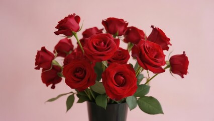 A bunch of red roses in a vase, set against a pink background, conveys romantic love for Valentine's Day.