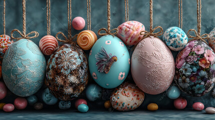 Happy Easter festive banner. Vector illustration with realistic colorful Easter eggs and sweets. Spring holiday card. Promotion greeting background with holiday symbols.