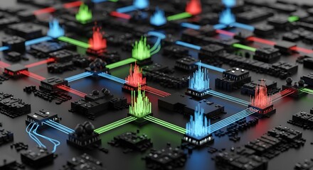 Abstract digital network with glowing nodes and interconnected pathways.