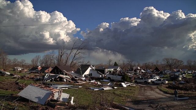 Wreckage of residential area after cyclone storm disaster showing ruined homes broken rooftops collapsed walls and scattered debris