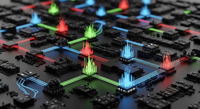 Abstract digital network with glowing nodes and interconnected pathways.
