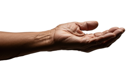 Aged earthy brown hand, deeply wrinkled, palm cupped upwards on transparent studio background with copy space, minimalist close-up. Concept of wisdom, aging, and human resilience
