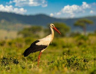 Naklejka premium A stork in a grassy savanna landscape