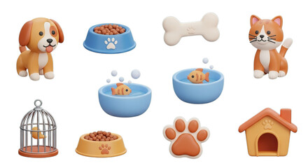 Adorable 3d pet accessories collection including food bowls and toys