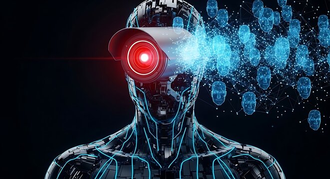 Cybersecurity concept featuring a robotic figure with surveillance camera and digital face data stream