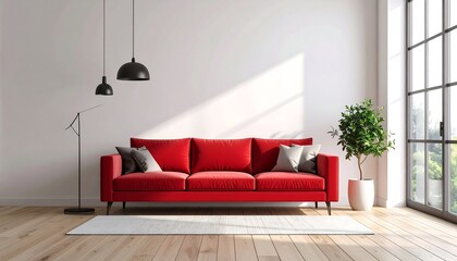 Modern minimalist living room with red sofa (1)