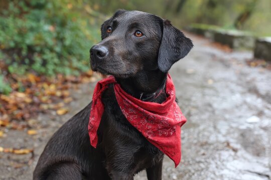 Labrador dog wearing a red bandana sits on a trail surrounded by trees and fallen leaves on a cool autumn day