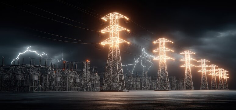 Night scene of power towers and lightning