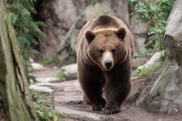 Obraz premium Brown bear slowly walks in high habitat at zoo, surrounded by rocks and greenery during daytime visit