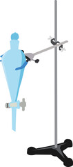 Laboratory equipment separatory funnel secured with a stand and clamp