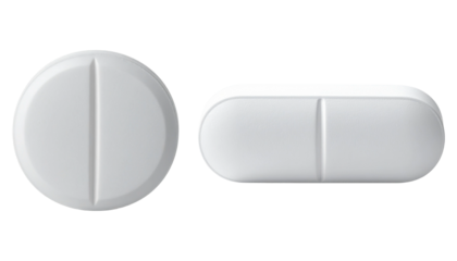 A close-up of a white pill on a transparent background.
