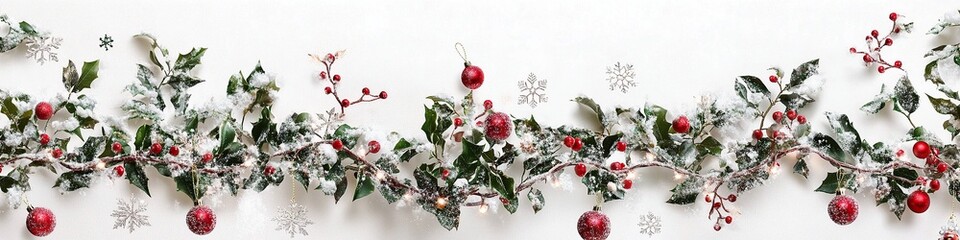 Festive Winter Holly Garland with Red Berries and Snow, Christmas Decoration, Holiday Season, Winter Wonderland, Festive Background