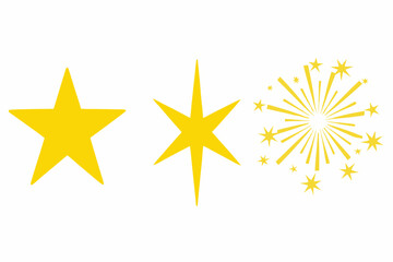 Golden star shapes and exploding starburst on white background